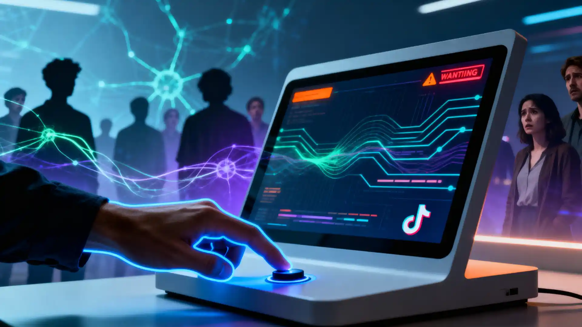 A glowing hand operates an AI moderation console with a TikTok logo, while concerned human moderators fade into the background.