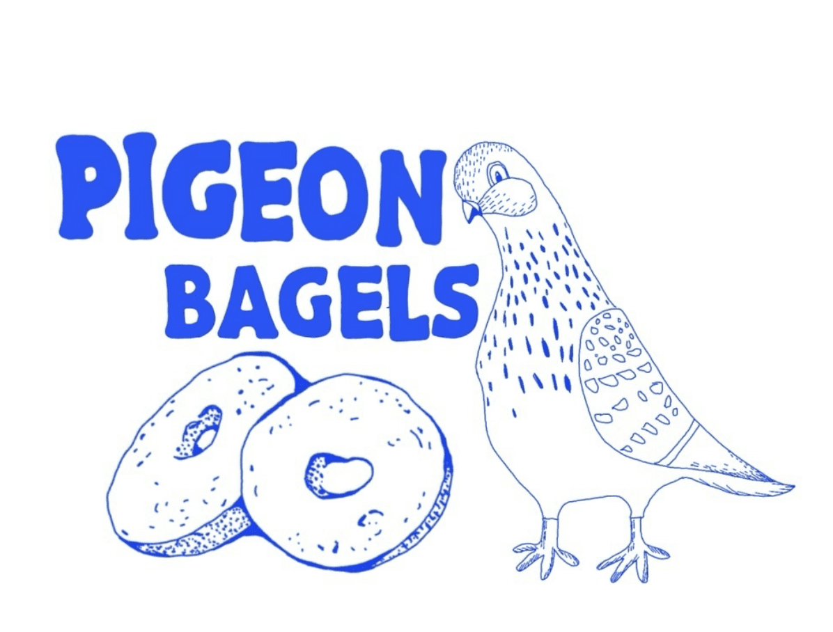 "Pigeon Bagels" logo with illustrated pigeon and bagel drawings