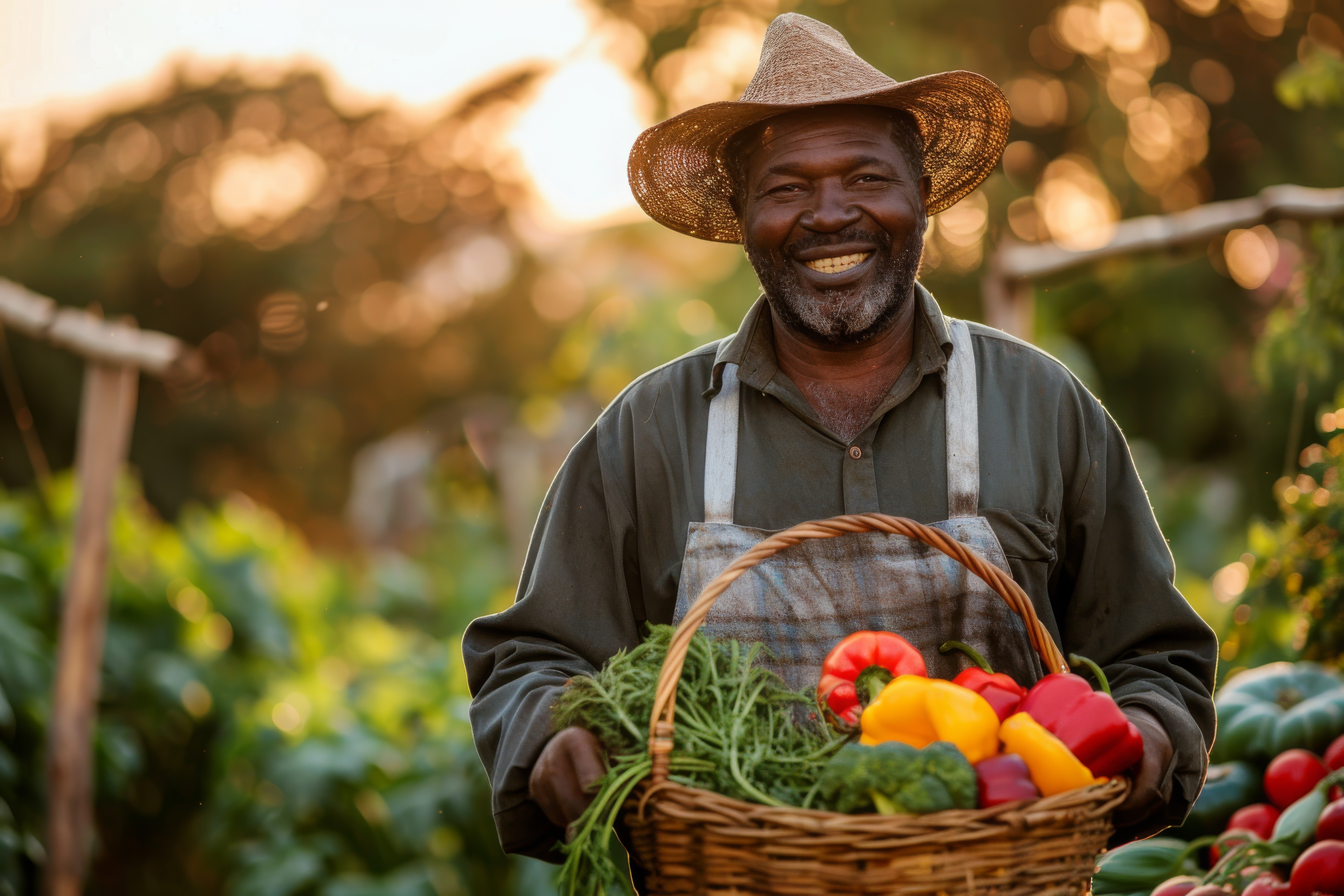 Smiling man in a straw hat holds a basket of colorful vegetables in a garden during sunset.