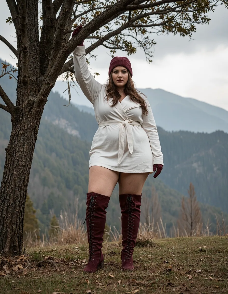 Fashion portrait in mountains featuring cream wrap dress, burgundy knee-high boots and matching beanie against misty mountain backdrop