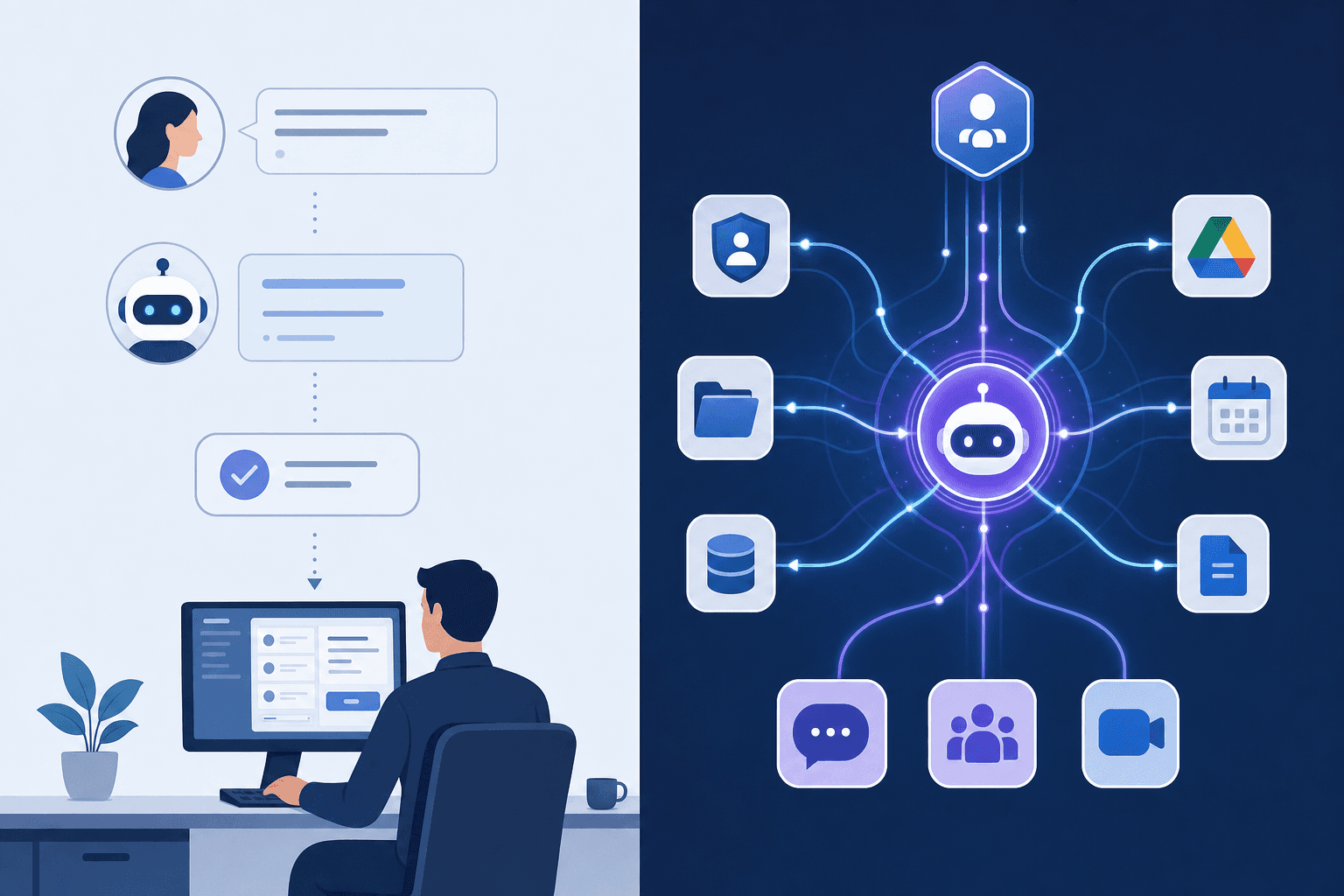 A clean, modern split-screen illustration showing two contrasting IT support workflows. Left side: a conversational chatbot interface with a simple question-answer flow ending with a human manually executing tasks at a computer. Right side: an autonomous AI agent workflow showing automated connections between systems, with data flowing seamlessly between identity management, workspace tools, and communication platforms without human intervention. Use a professional color palette with blues and purples, geometric shapes representing different software systems, and flowing lines showing data connections. Minimalist, abstract, technical illustration style.