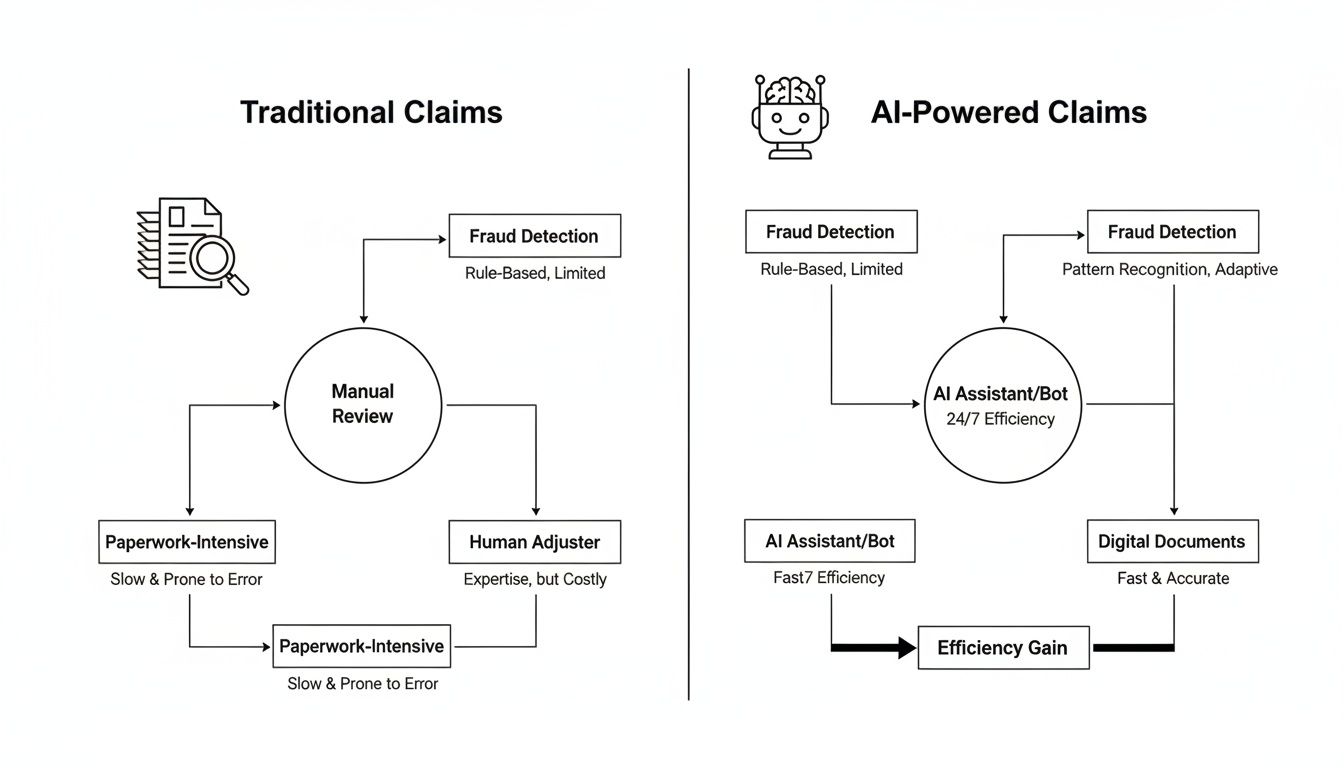 Flowchart comparing traditional manual insurance claims processing with AI-powered claims, showing significant efficiency gains.