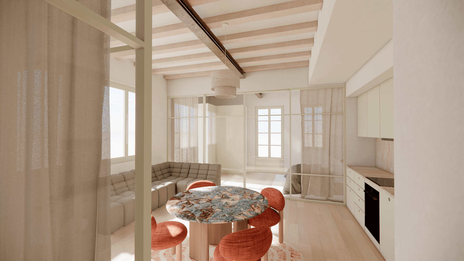 Modern open-plan living room with marble dining table, red chairs, and neutral décor.