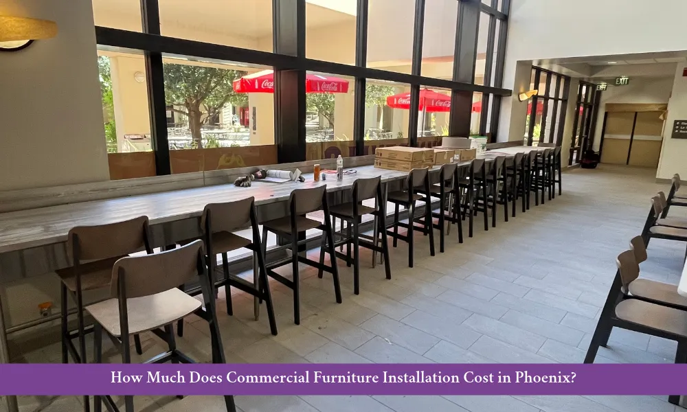 Row of modern bar stools and long counter for commercial furniture installation.