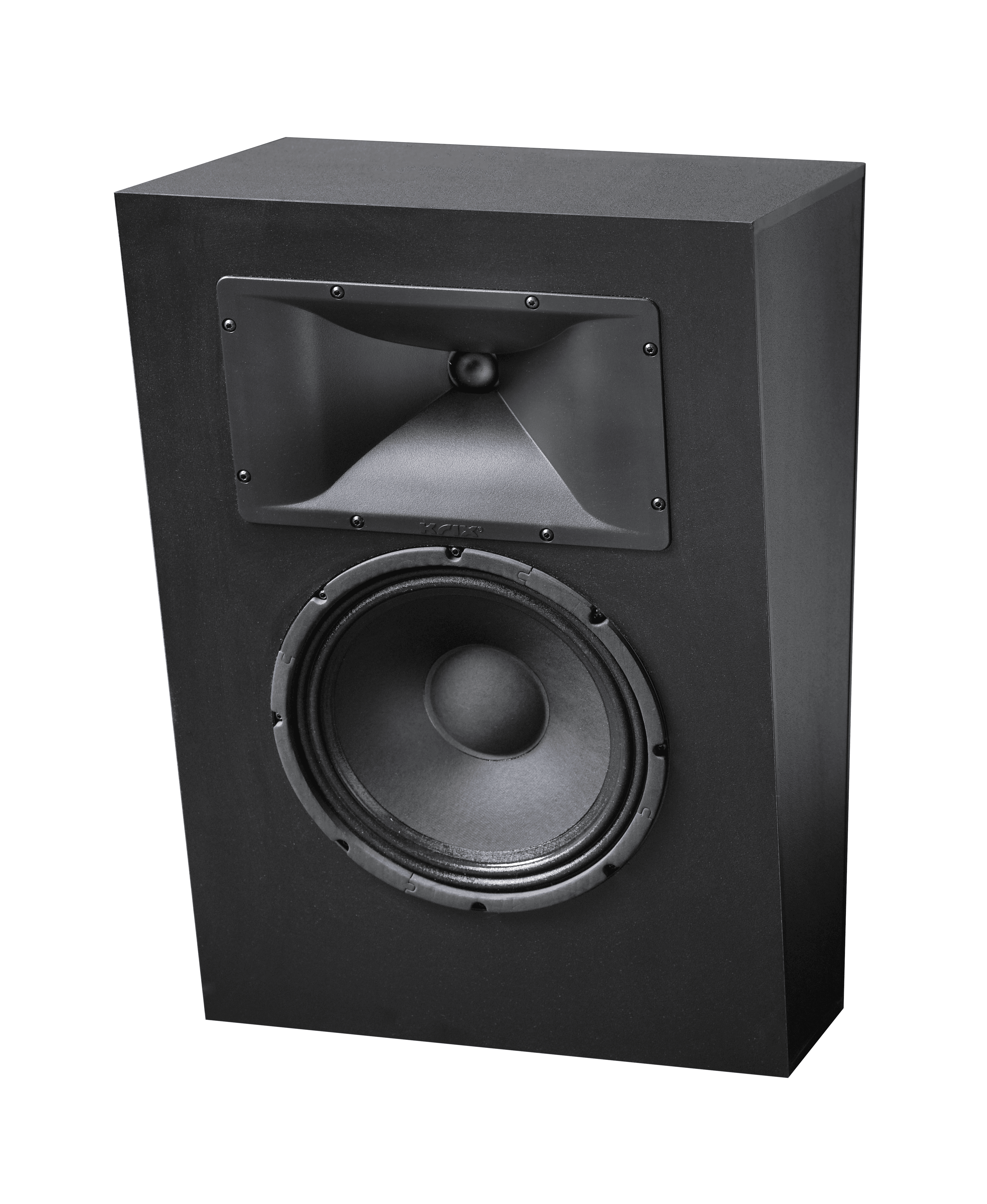 Black speaker with horn tweeter and woofer