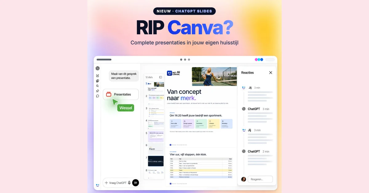 Venster van ChatGPT Slides met een gesprek, twaalf slides als miniaturen, een geopende slide Van concept naar merk in de huisstijl van Het AI Lokaal en een kolom met reacties, onder de kop RIP Canva?