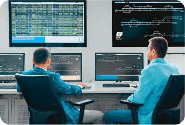 Railway traffic control workstation with track layout monitors