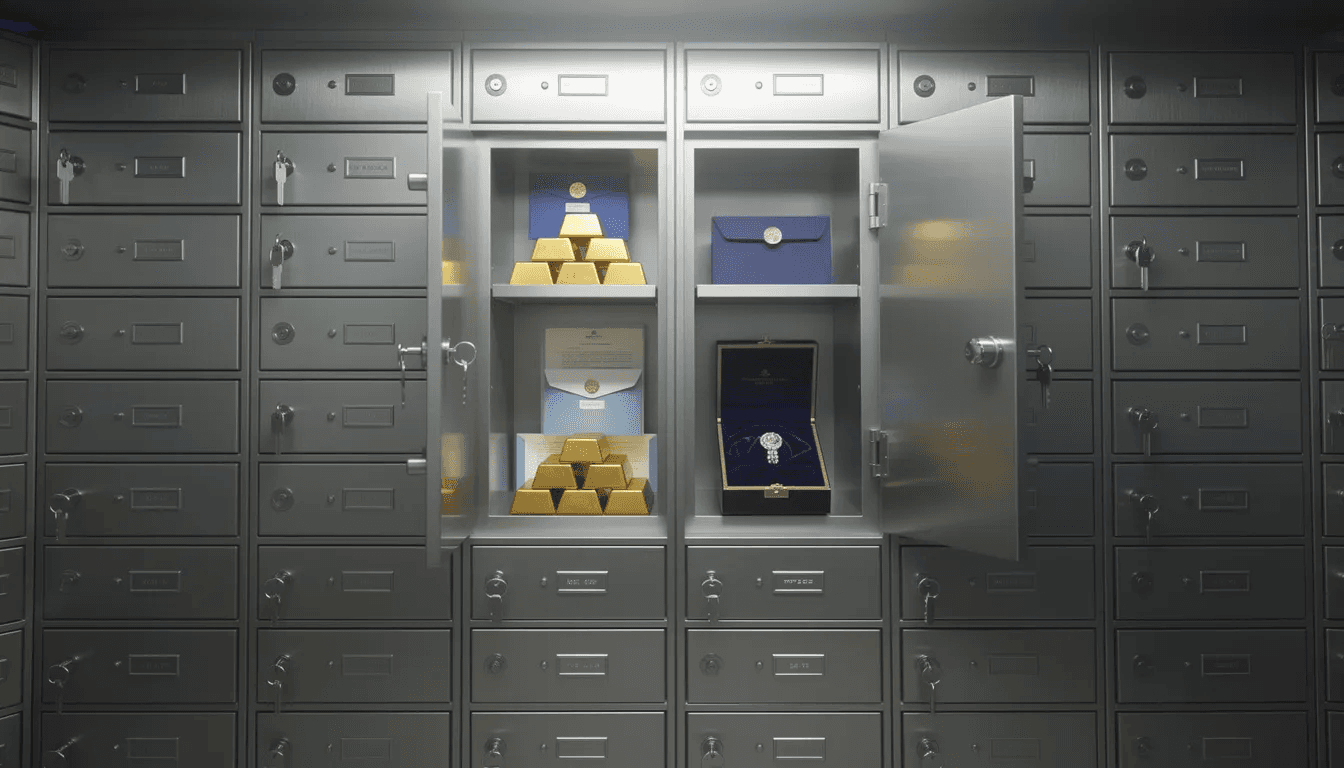 The image depicts a secure vault filled with metal safety deposit boxes, symbolizing wealth protection through precious metals investments. It highlights the importance of managing portfolio risk and understanding the dynamics of gold and silver in the commodities markets.