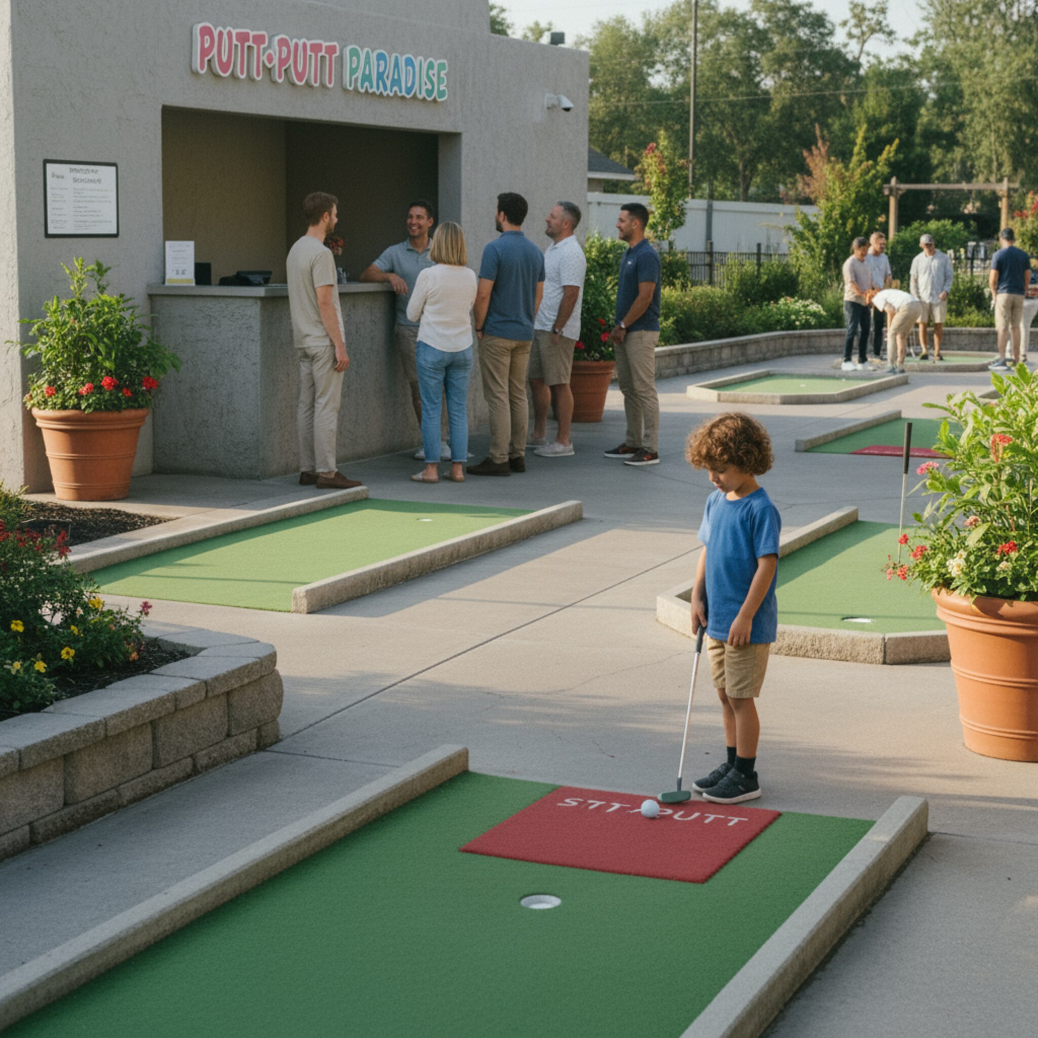 Vor dem Kassenbereich wartet eine kurze, geordnete Schlange. Ein Teammitglied begrüßt Gäste, während andere bereits auf die ersten Bahnen verteilt sind. Ein Kind balanciert den Ball am Startpunkt, die Stimmung ist entspannt. Die Bewegung wirkt flüssig, ohne Gedränge, freie Bahnen sind klar erkennbar.