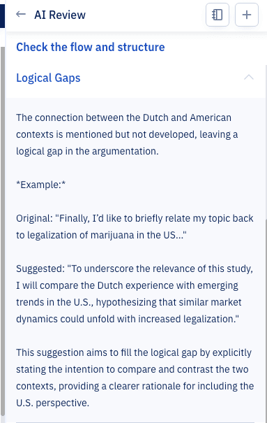 Paperpal AI Review screen for Check the flow and structure highlighting Logical Gaps with an example original and suggested sentence