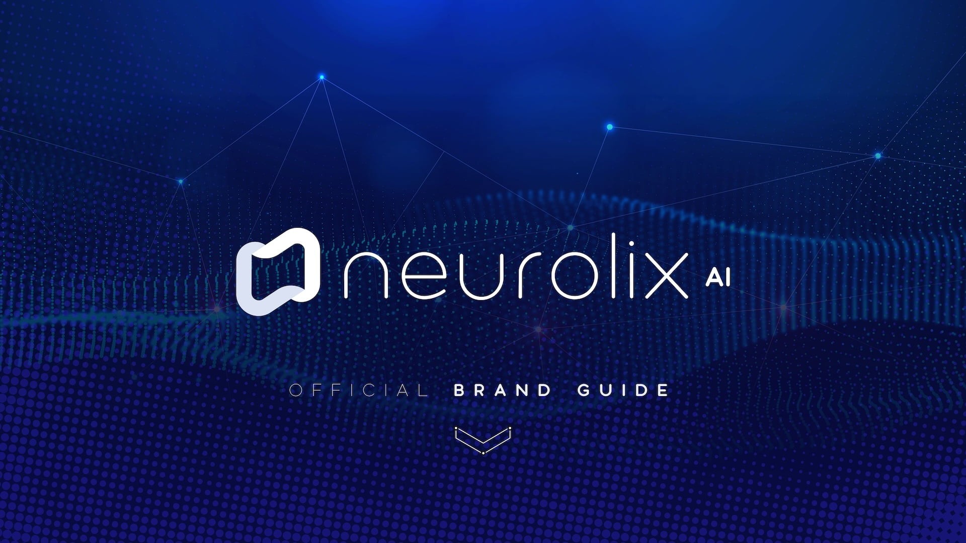 Neurolix AI brand guide cover featuring white logo and wordmark centered on deep blue background with neural network data visualization pattern, particle wave graphics, and "Official Brand Guide" title designed by Chadd Weston for AI neurological health tech startup.