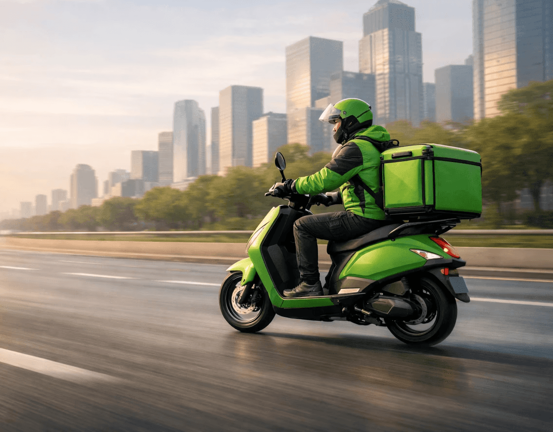 Yuvwaa Green electric delivery scooter on city road for sustainable last-mile delivery.