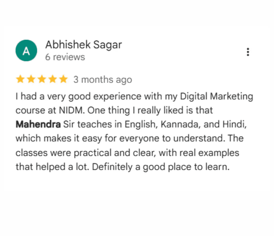 Student testimonials for NIDM digital marketing course featuring 5-star reviews from Abhisek Sagar praising Mahendra Sir's practical teaching style, live projects, and career guidance