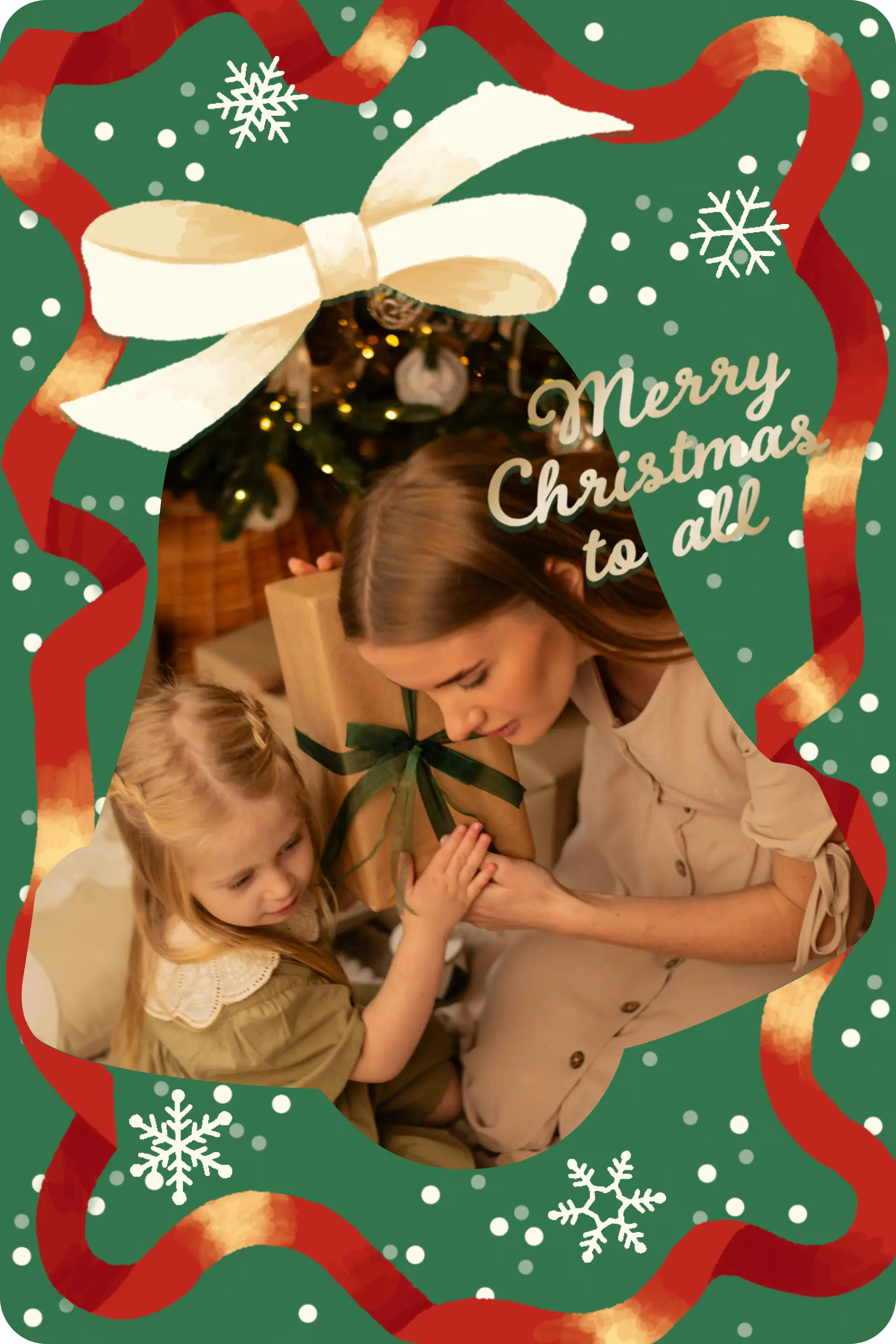 Green Christmas card template with red ribbon border, 'Merry Christmas to all' text, and a family photo