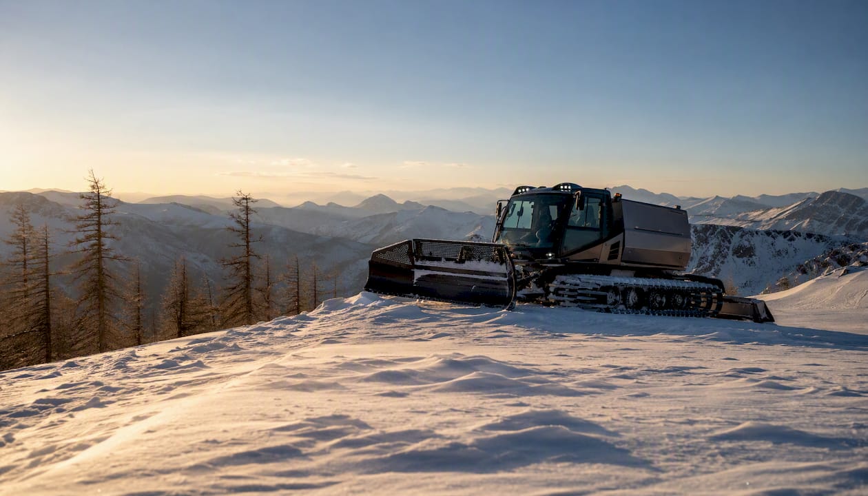 Tracked snowcat below a snow-covered alpine bowl