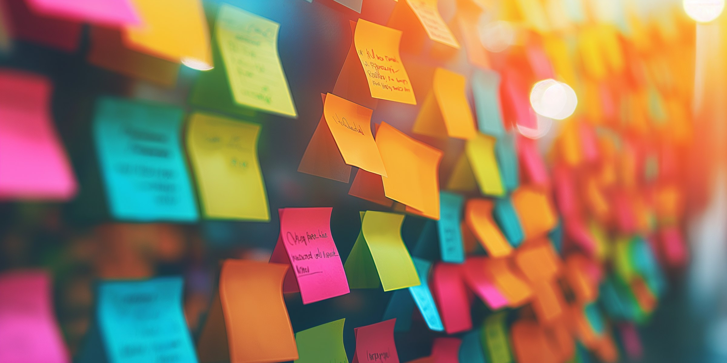 Colourful sticky notes on a wall.