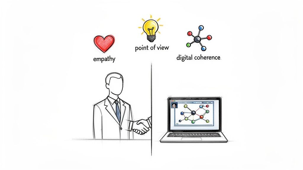 Illustration of empathy, point of view, and digital coherence with a handshake and laptop.