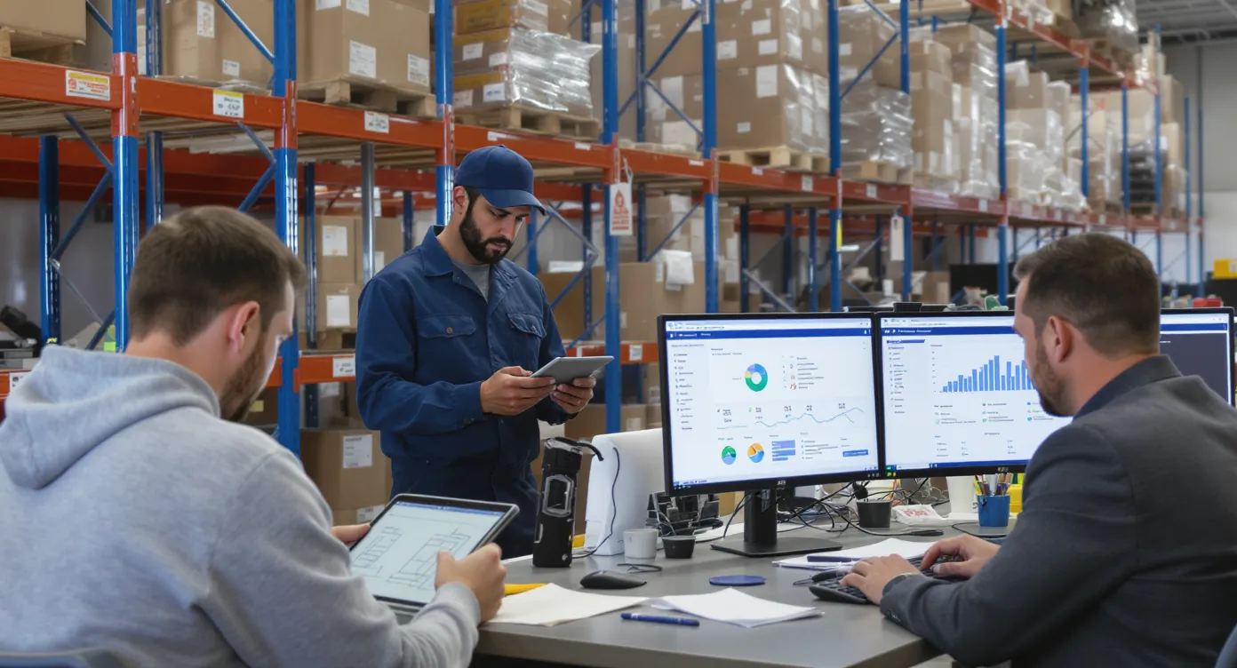 Sfeerscène van een mkb-omgeving met een magazijnmedewerker tussen stellingen, een monteur met tablet en een accountmanager aan een bureau, die samen profiteren van geautomatiseerde datagedreven inzichten en alerts.