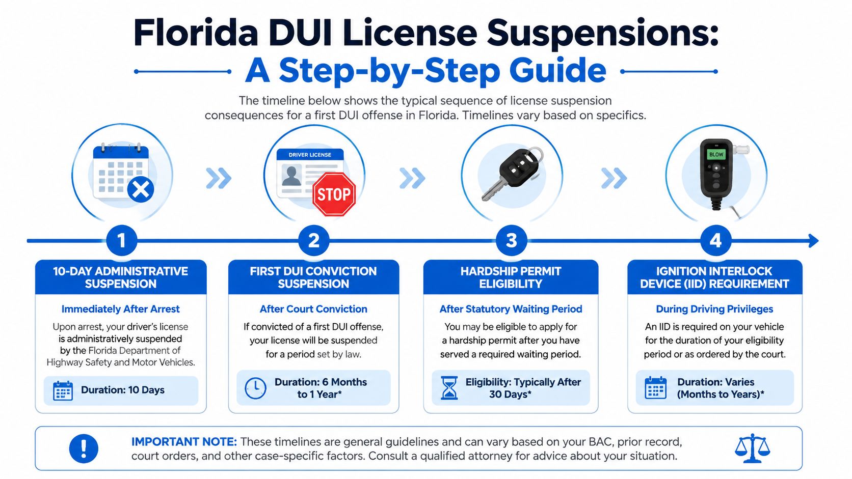 An infographic detailing the four steps of Florida driver's license suspension processes following a first-time DUI offense.