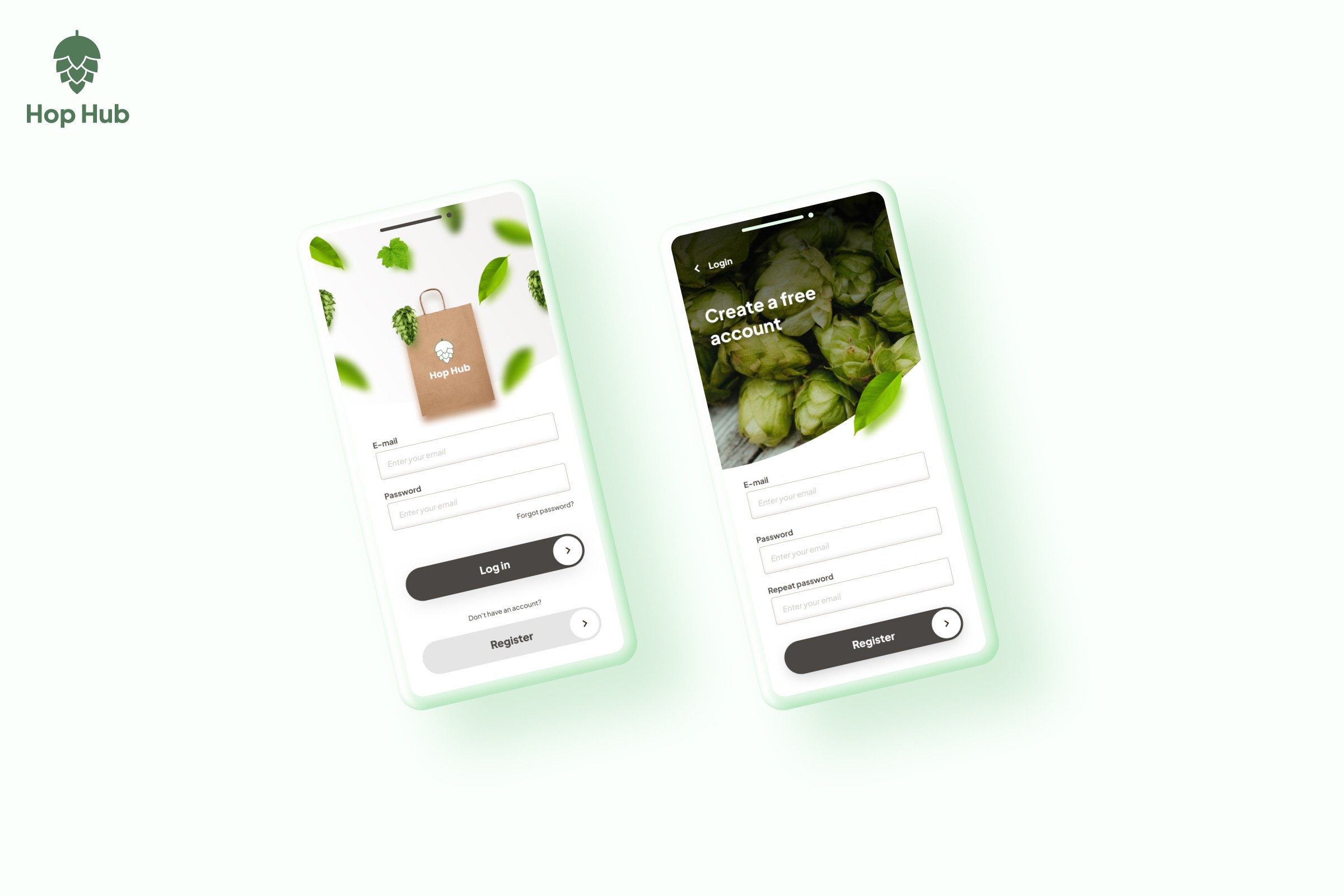 Hop Hub login and registration screens featuring hop imagery and the Hop Hub logo