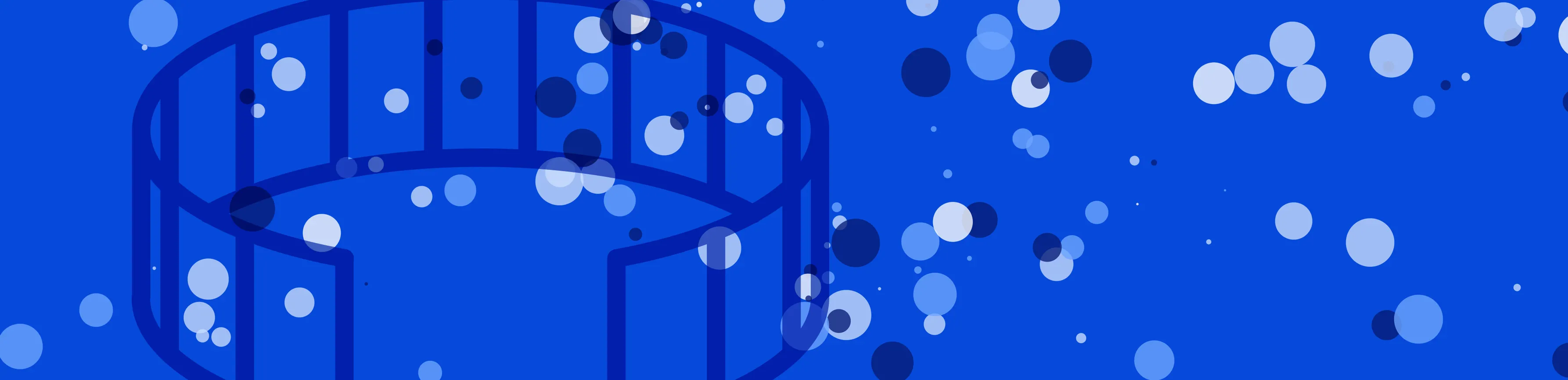 A blue abstract design featuring a circular structure on the left with transparent walls, surrounded by variously sized and shaded blue and white bubbles, representing a modern, creative Rob Harrigan design style.