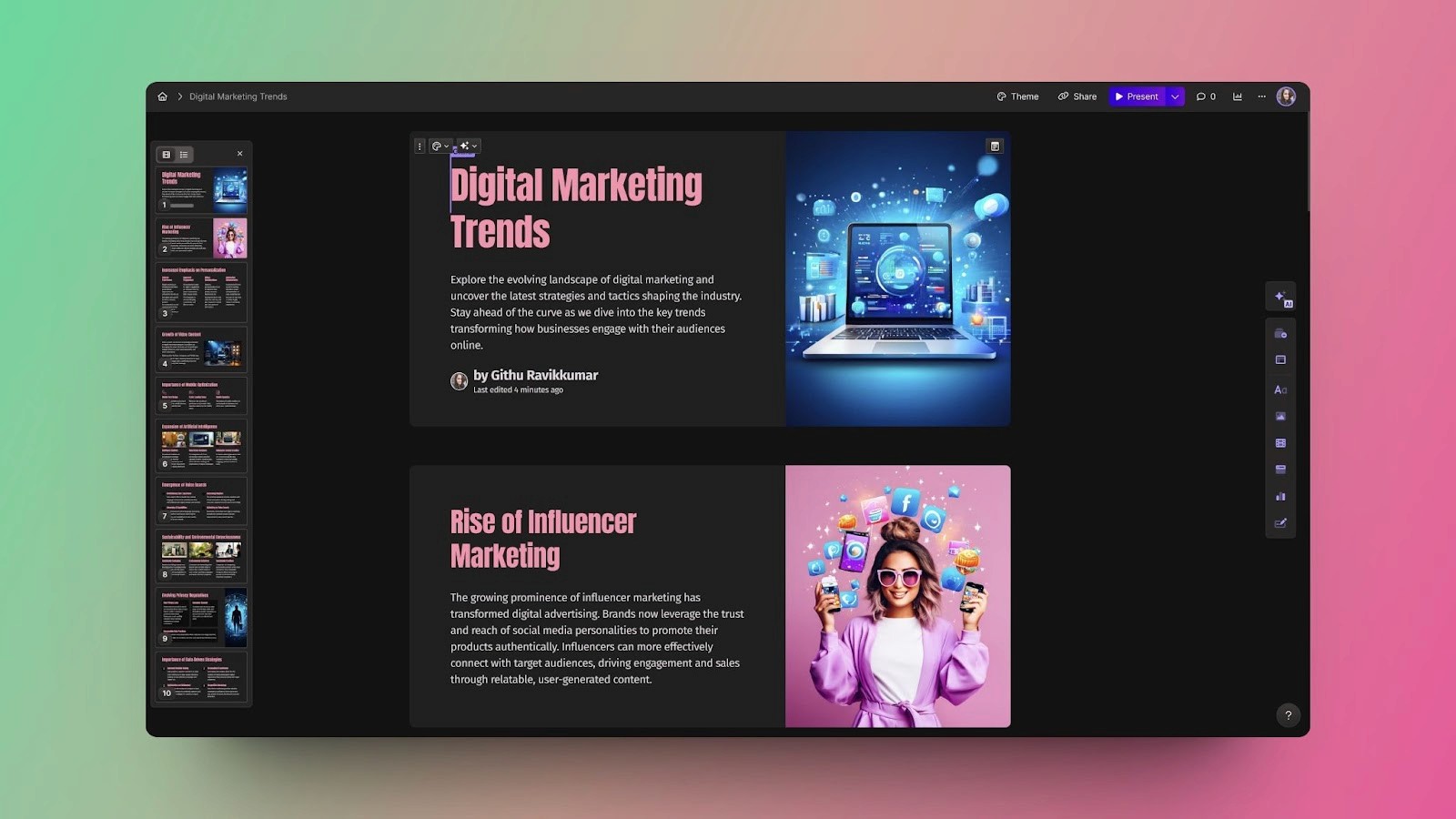 An image of a digital marketing presentation created using Gamma, showcasing trends and the rise of influencer marketing.