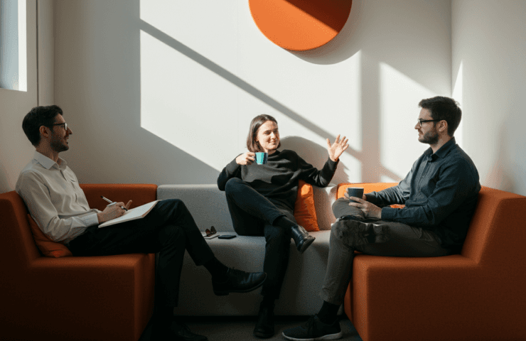 Three colleagues talking on sofas in a sunlit office lounge