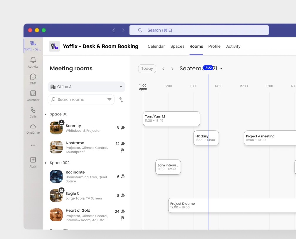 Yoffix meeting room booking UI inside MS Teams showing room search, calendar timeline, availability, and workspace management in a hybrid workplace platform