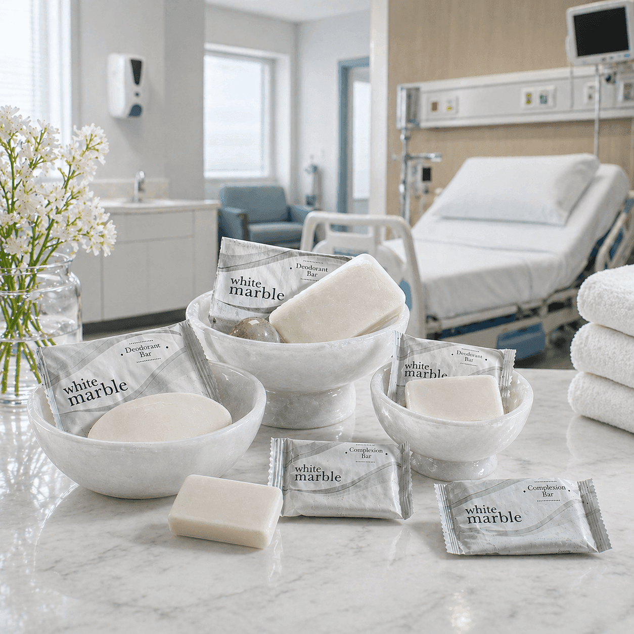 White Marble Dial bar soap collection by Transmacro Amenities displayed on a clean marble countertop in a modern hospital room setting, with individually wrapped and unwrapped soaps designed for healthcare and institutional use.