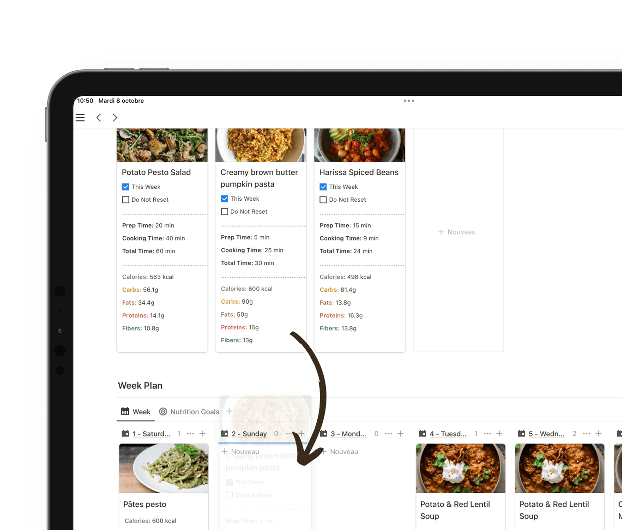 Demonstration of dragging a recipe into a meal slot in Notion meal planner
