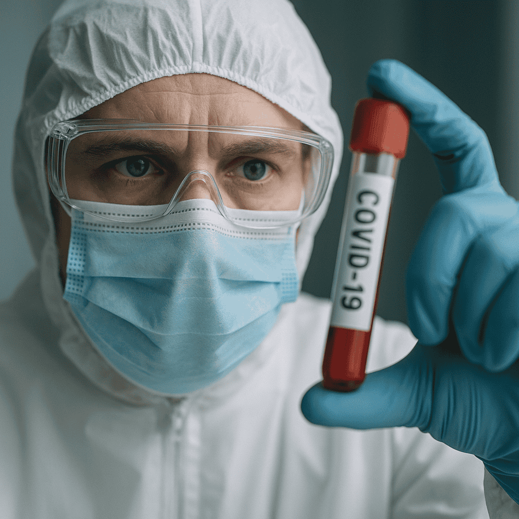 Healthcare professional in full protective gear examining a blood sample labeled “COVID-19” during the pandemic. Symbolizes frontline response, diagnostic efforts, and medical vigilance.