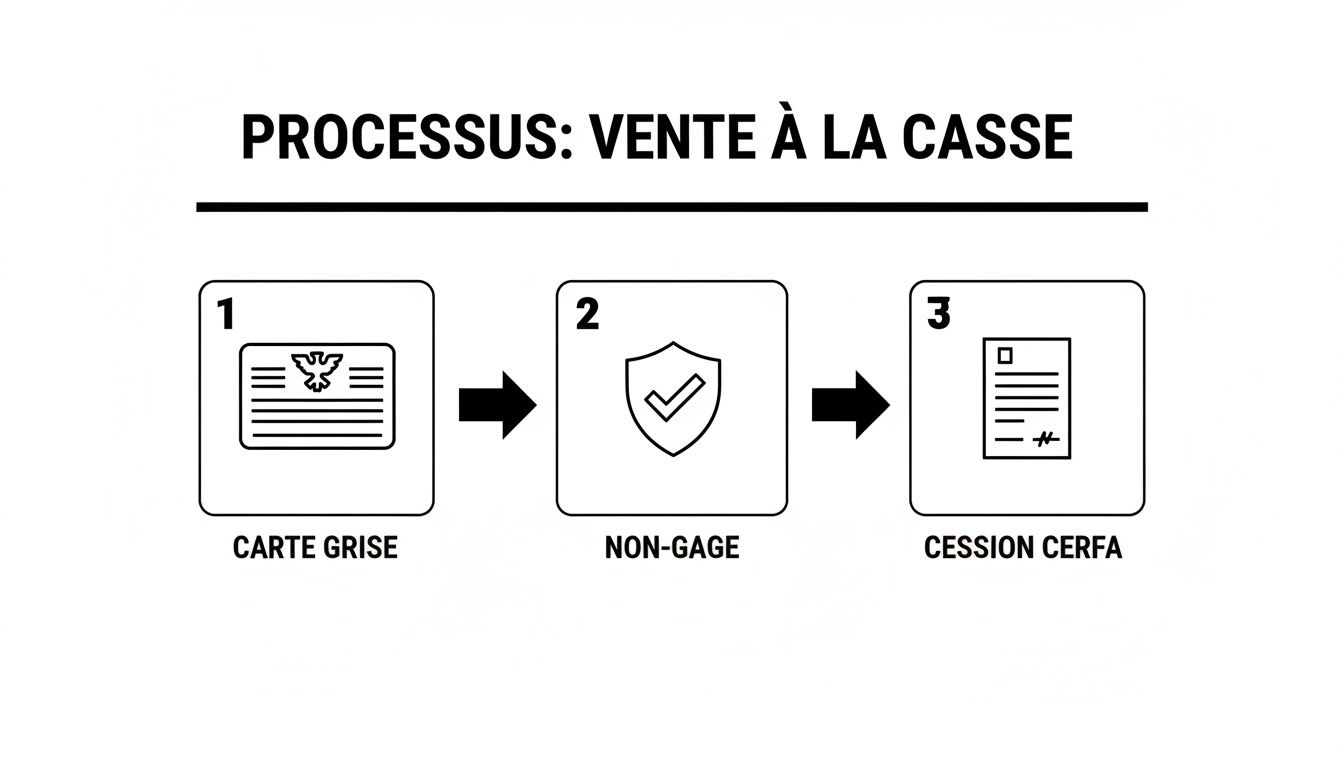 Procédure illustrée pour la vente d'un véhicule à la casse, incluant carte grise, non-gage et cession Cerfa.