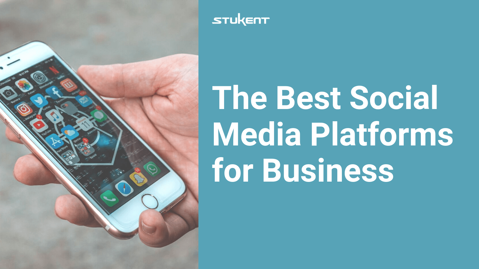 iPhone with hexagonal background. Blue background with text to the rights says "The Best Social Media Platforms for Business"