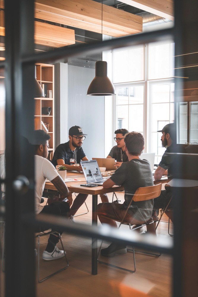 a desk with a computer and speakers on it