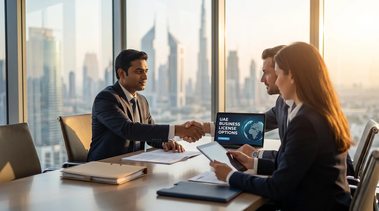Indian founder discussing Dubai company ownership with an advisor at a modern office