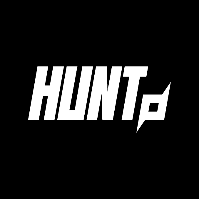 A bold, white, stylized wordmark reading 'HUNT' on a solid black background. The typeface is strong and angular, with the letter 'H' leaning slightly forward to emphasize motion. The letter 'T' features a Shuriken symbol extending from its end, adding a dynamic and sharp touch that conveys speed and intensity.