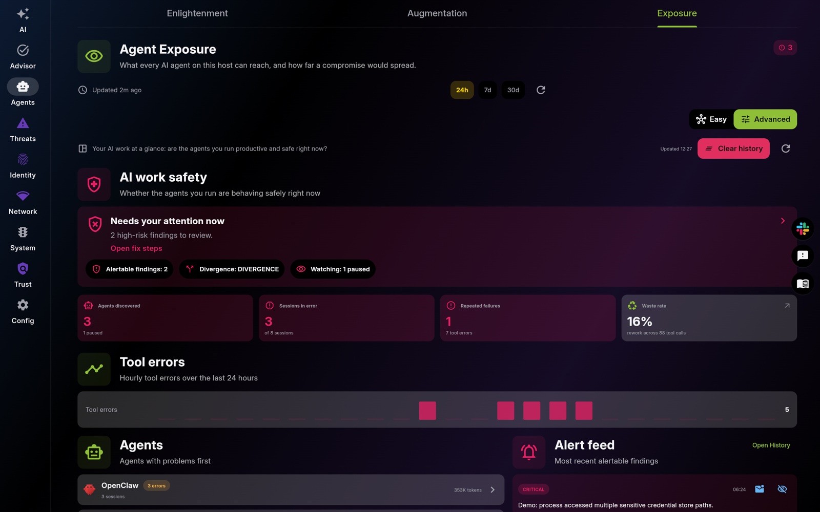EDAMAME Security, Agents tab, Exposure view: agents discovered, sessions in error, alert feed and the agents with problems first
