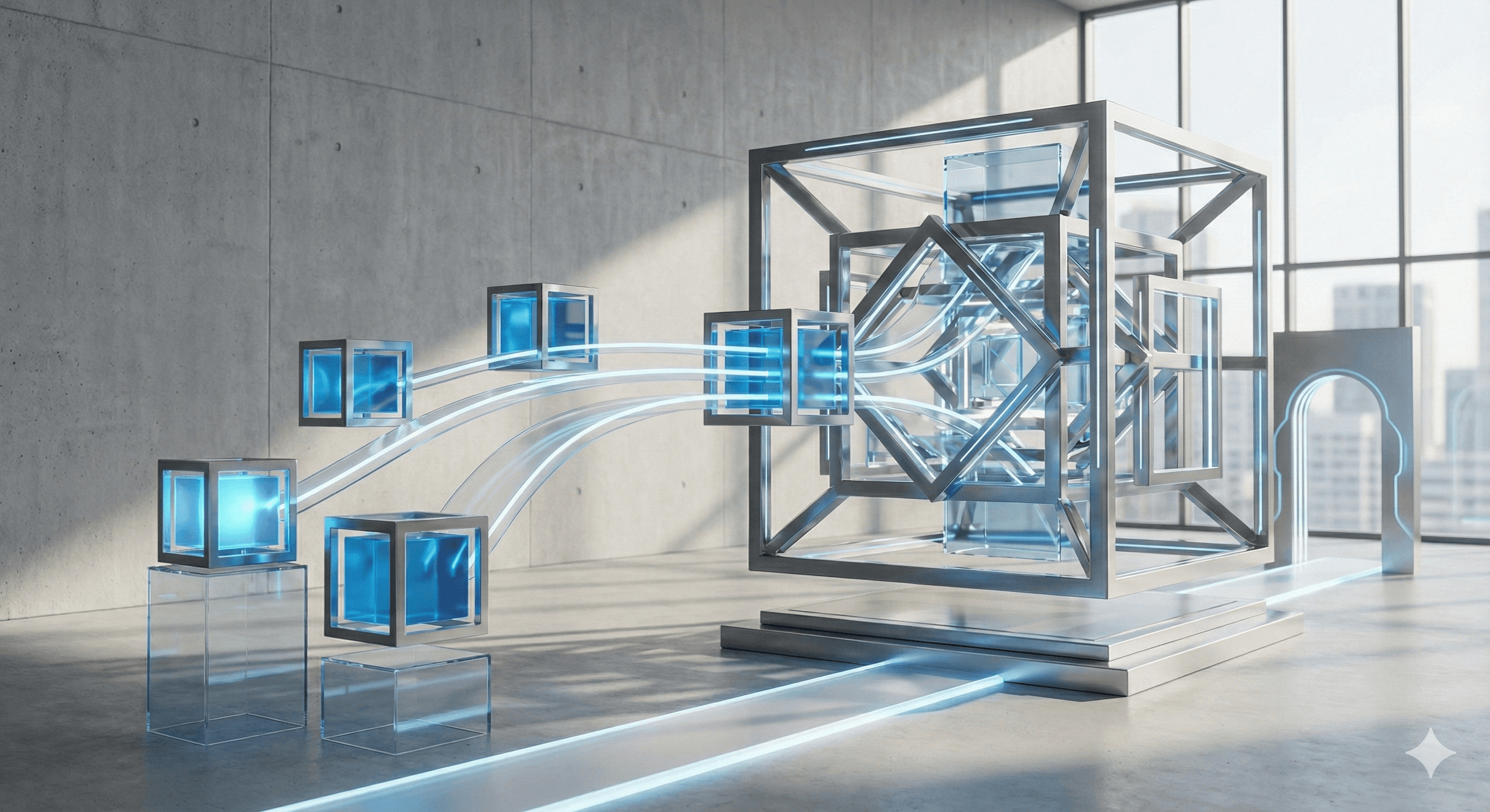 A futuristic digital art installation displays a complex 3D cube structure with glowing blue nodes interconnected by translucent pathways, set in a modern industrial space, symbolizing advanced network technology and AI insights.