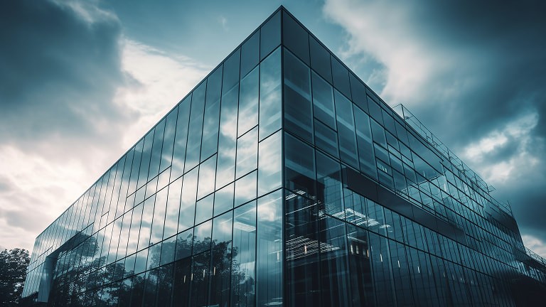 Modern glass office building facade, exterior view