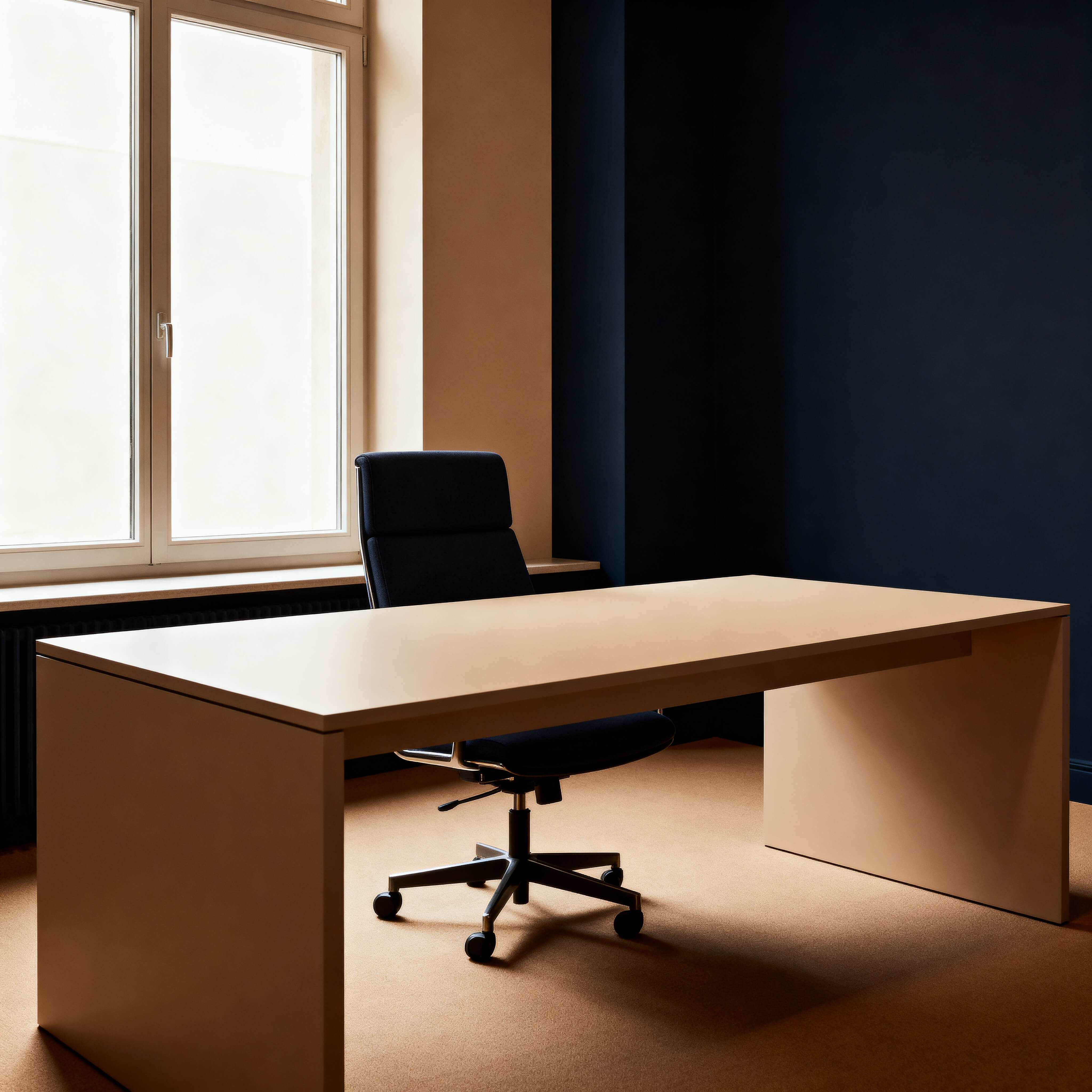Cadeira executiva única atrás de mesa minimalista próxima a uma janela com luz natural em ambiente formal e calmo, representando o contexto de liderança trabalhado na mentoria executiva.