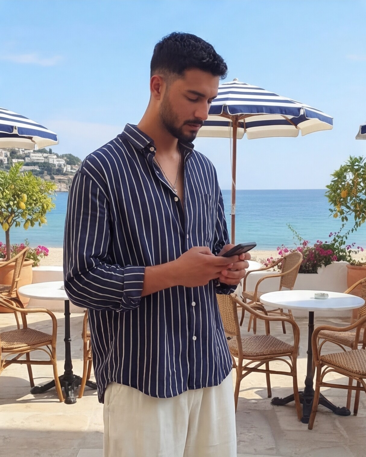 Navy Striped Shirt with Linen Wide-Leg Trousers