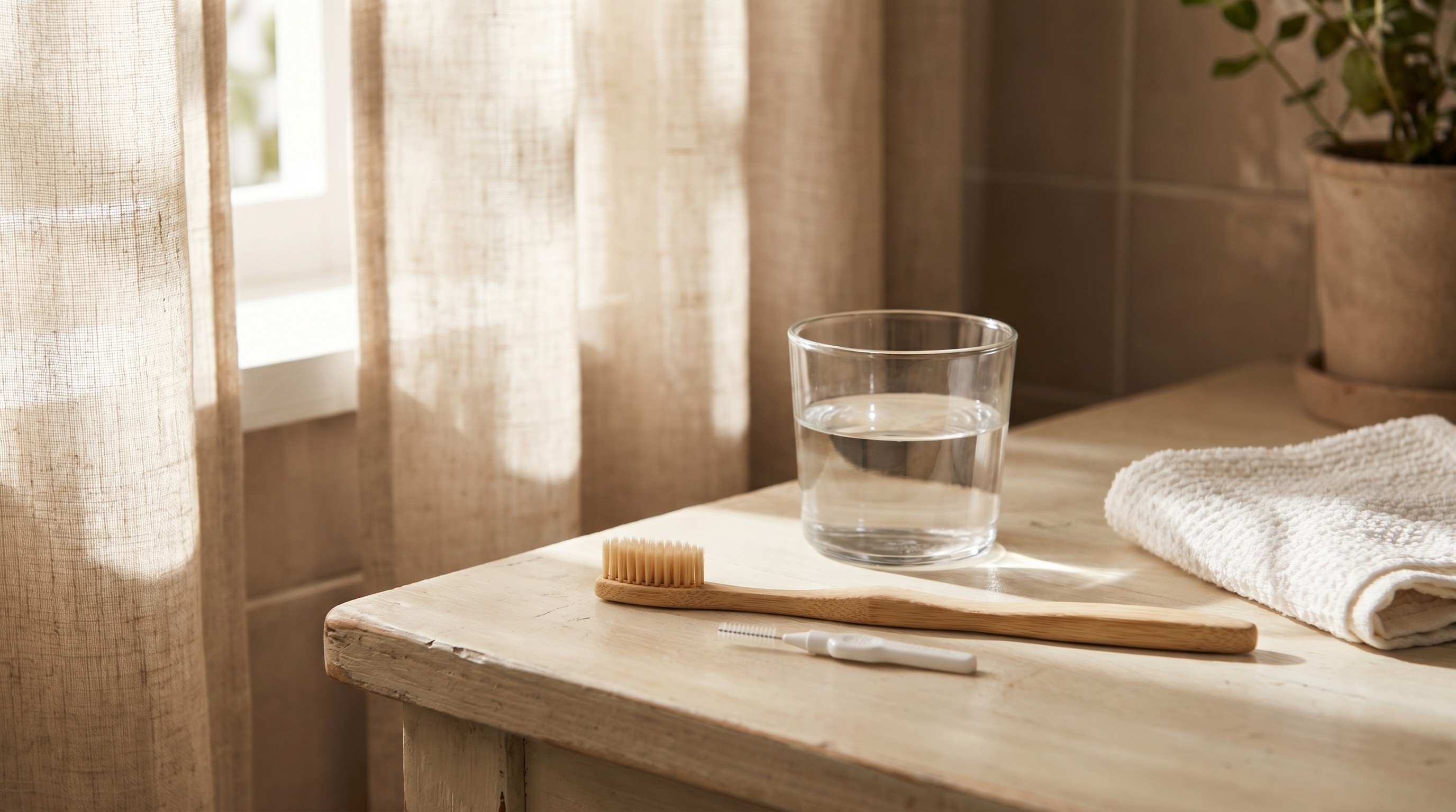 Soft toothbrush, interdental brush, and water glass on a wood bathroom counter in soft morning light