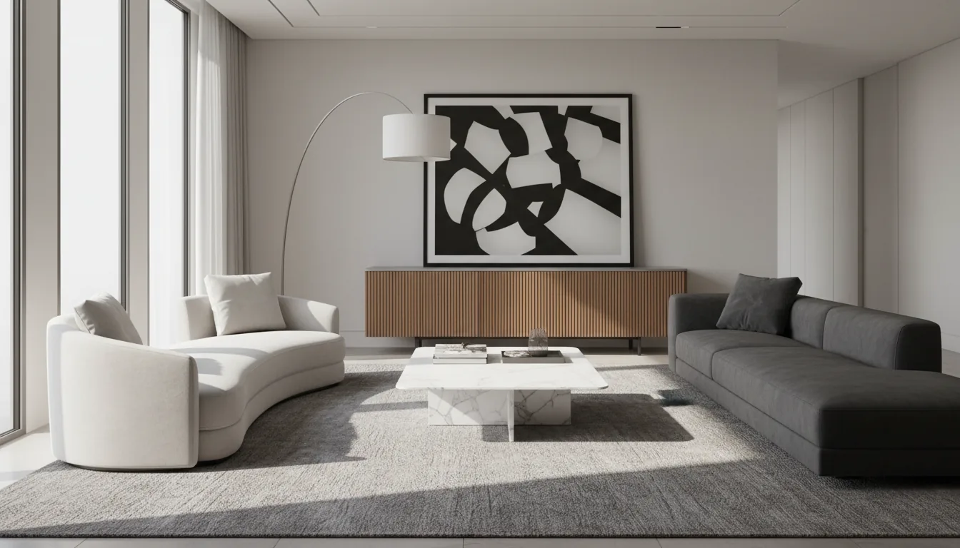 Photorealistic 3D render of a modern luxury living room, architectural visualization in the style of Enscape and Twinmotion, eye-level shot. The scene features a central seating area with a large white marble coffee table, a contemporary off-white curved sofa, and a dark grey sectional. In the background, a ribbed wood credenza sits below a large framed black and white abstract photograph. Strong, directional natural daylight streams in from large floor-to-ceiling windows, casting soft shadows across the textured grey rug. A tall, modern arc floor lamp with a white drum shade extends over the scene. The atmosphere is serene, with a neutral color palette of whites, greys, and warm wood tones under soft global illumination.