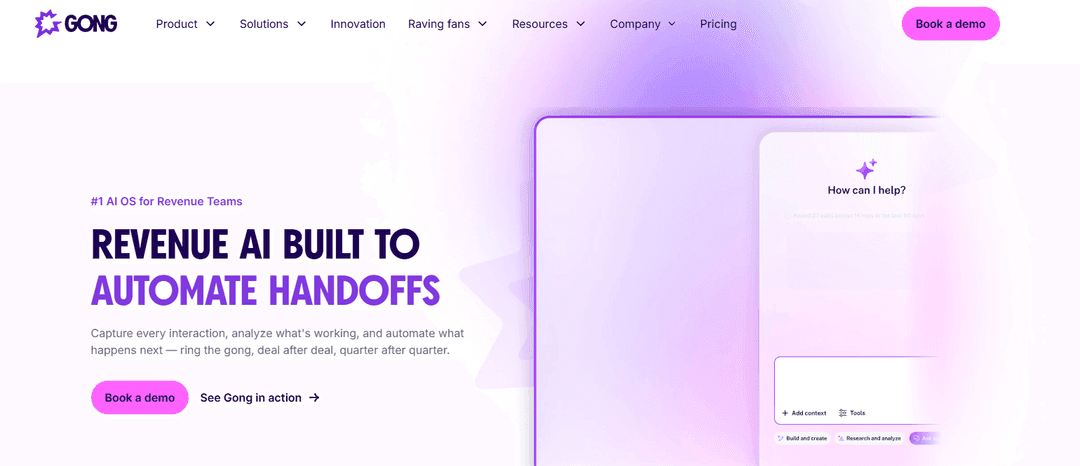 Gong home page headlined revenue AI built to automate handoffs, next to a preview of its in-product assistant panel