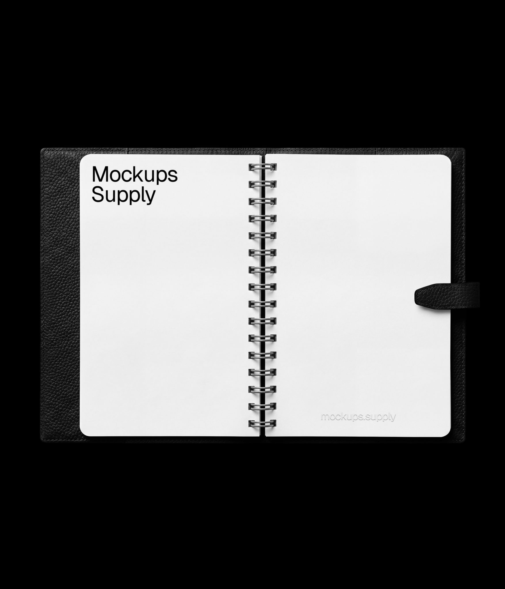 Spiral leather notebook mockup spread with realistic paper pages