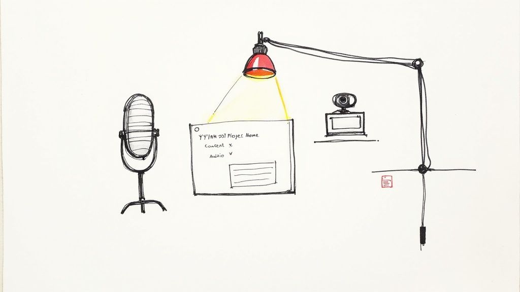A sketch illustrating a recording setup with a microphone, a whiteboard under a lamp, and a webcam on a monitor.