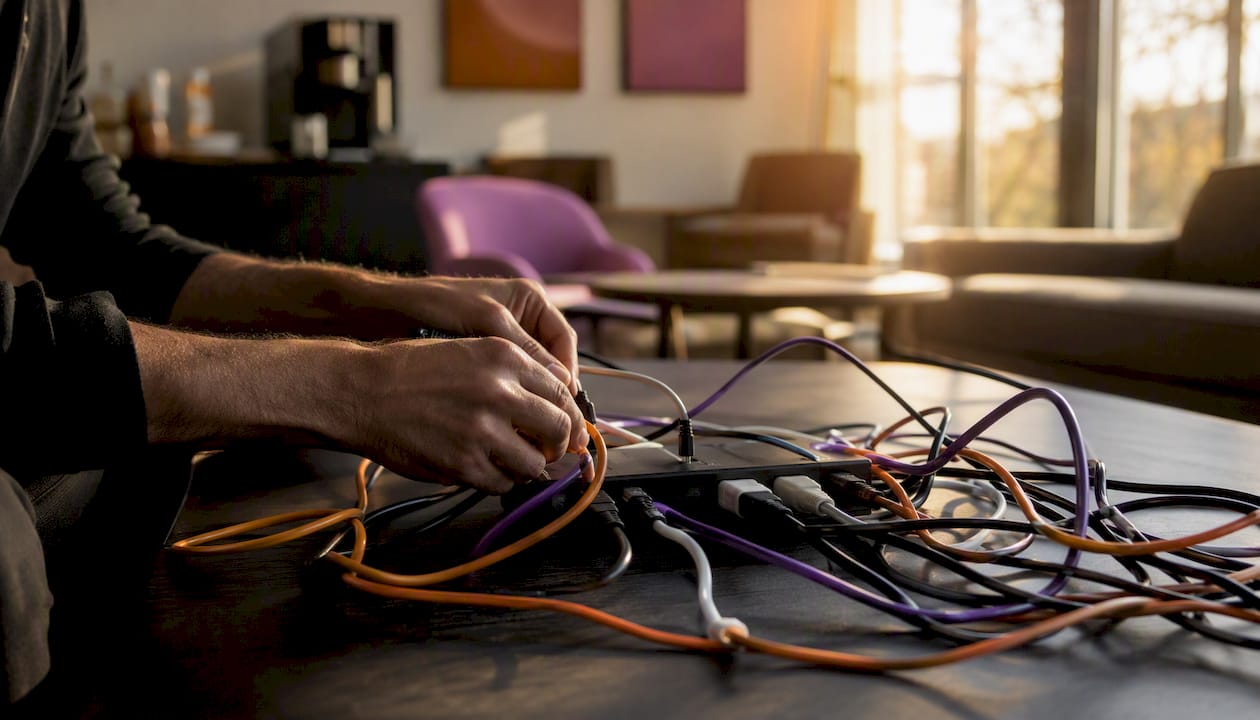 Hands connecting data cables manually