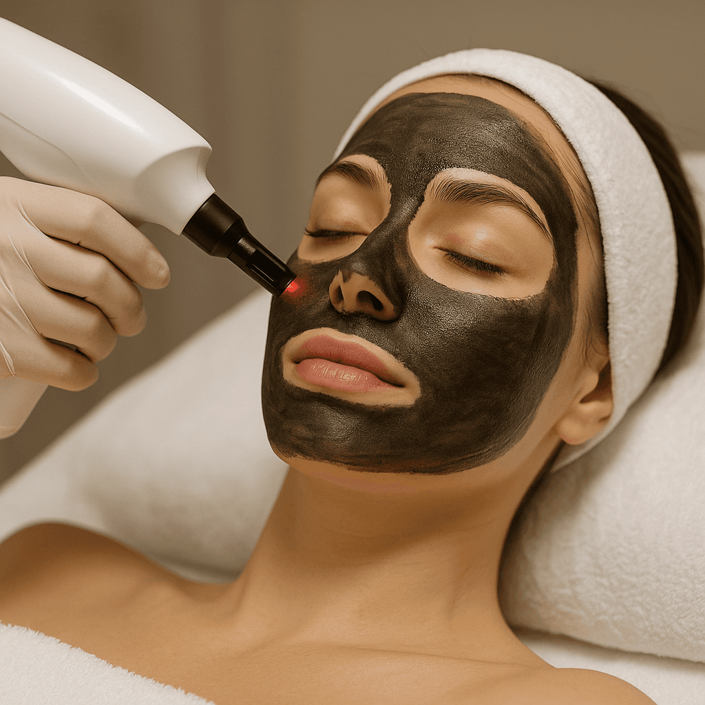 A woman lying down with a towel wrapped around her head, her face glowing with facial oil. She has a peaceful expression, enjoying a skincare treatment.