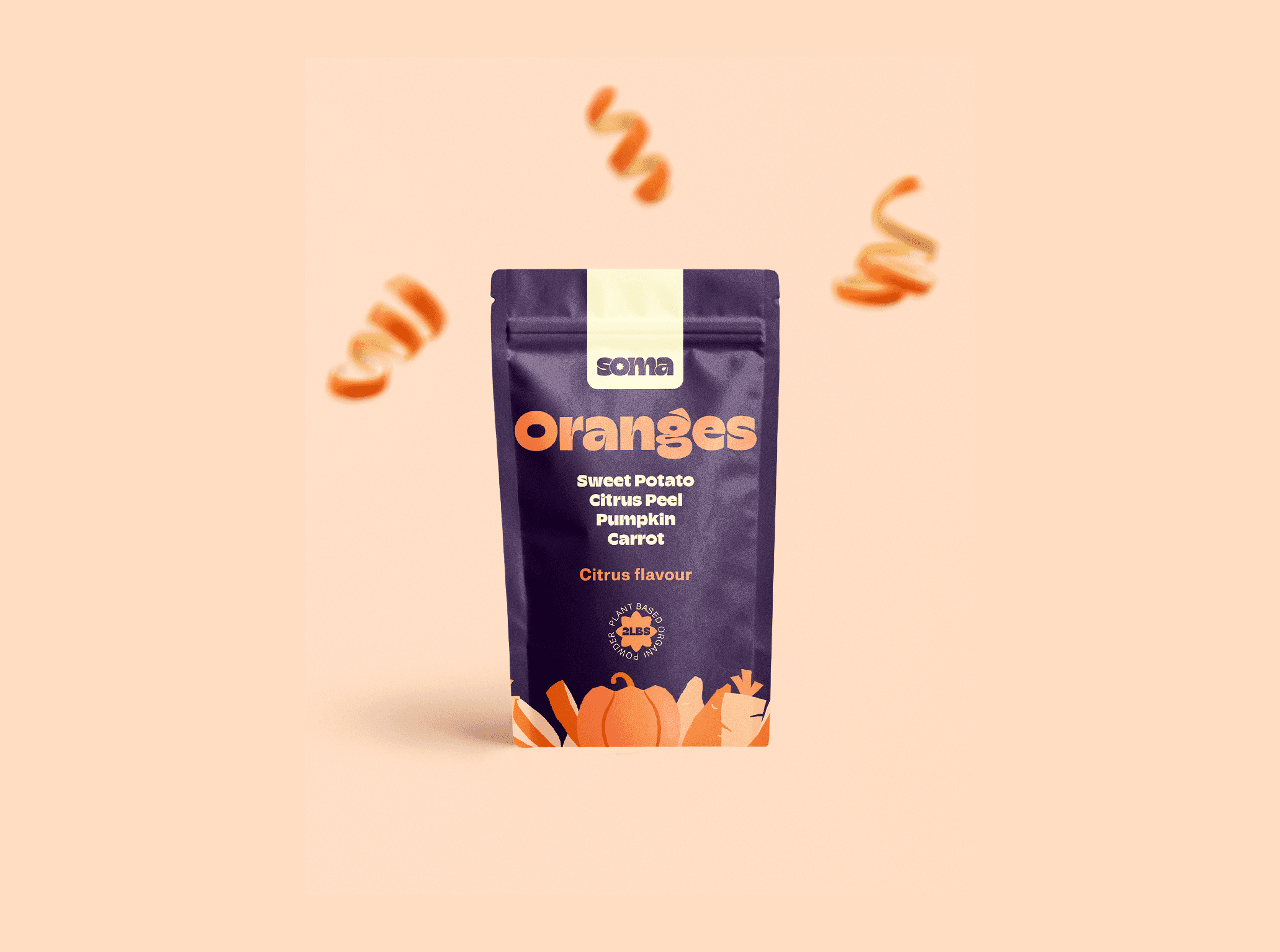 A professional product shot of the SOMA "Oranges" supplement. The dark purple pouch, listing ingredients like sweet potato and pumpkin, sits against a pale peach background. Stylized orange peels float in the air, highlighting the citrus notes of the blend.