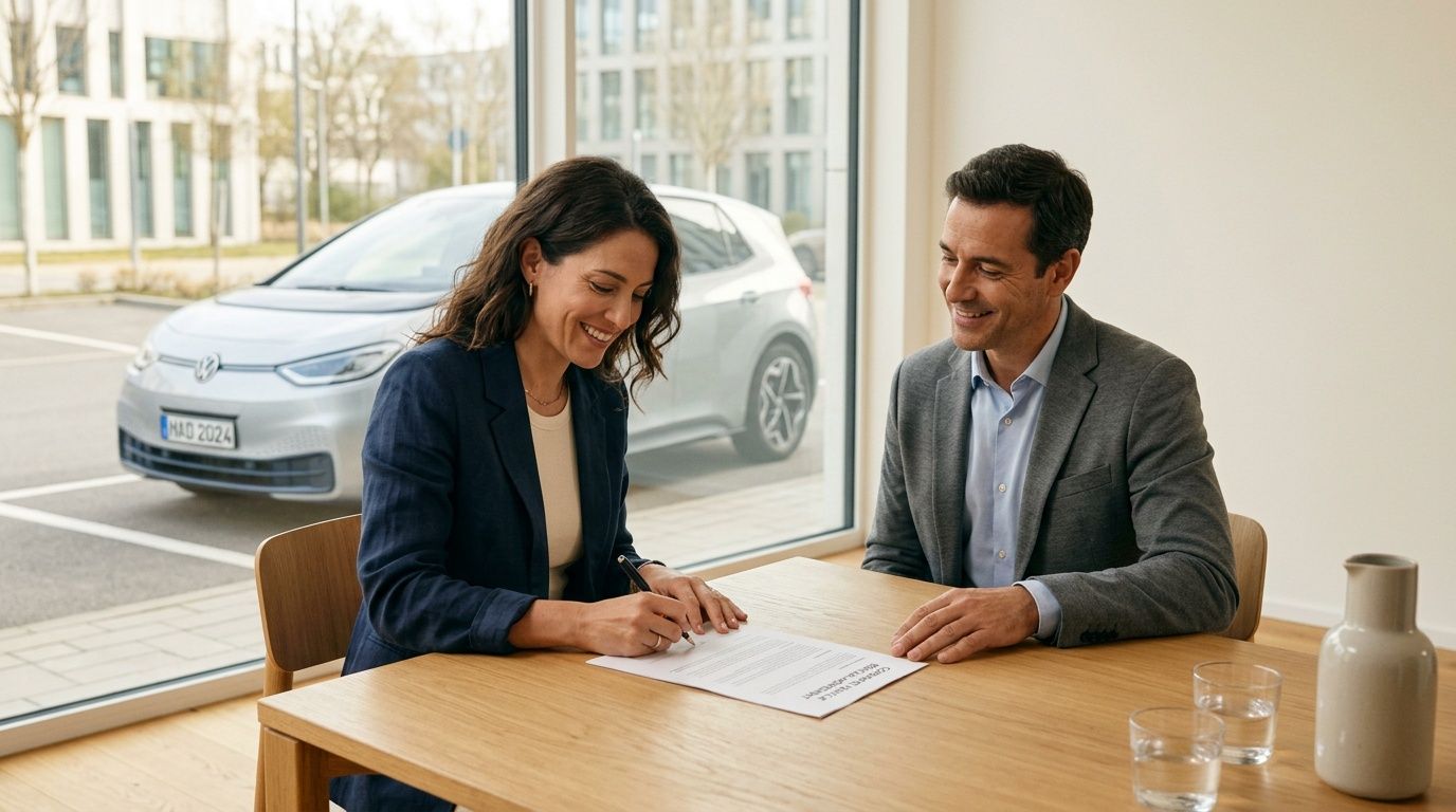 Una mujer sonriente firma un documento mientras un hombre feliz la observa, con un coche eléctrico plateado afuera.